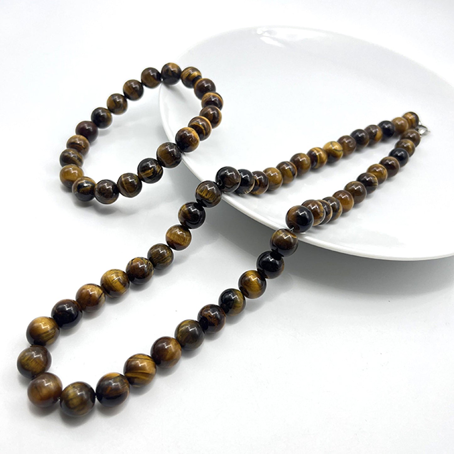 Collar Ojo de Tigre y Pulsera Ojo de Tigre 18 cm – Elaborados a Mano - Equilibrio y Protección – Amuleto de Fuerza y Protección. Hombre y Mujer