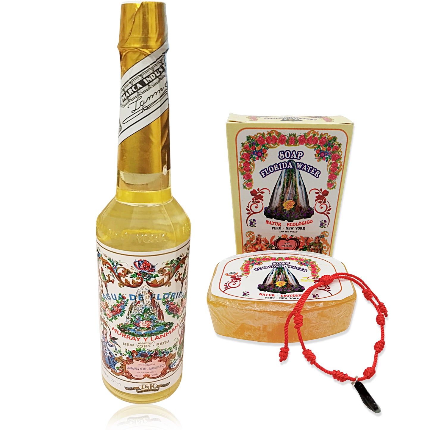 Colonia de Agua Florida 270 ml - Perú Murray y Lanman + Jabón Agua Florida + Pulsera 7 Nudos Roja - Limpia, purifica y aleja energías negativas