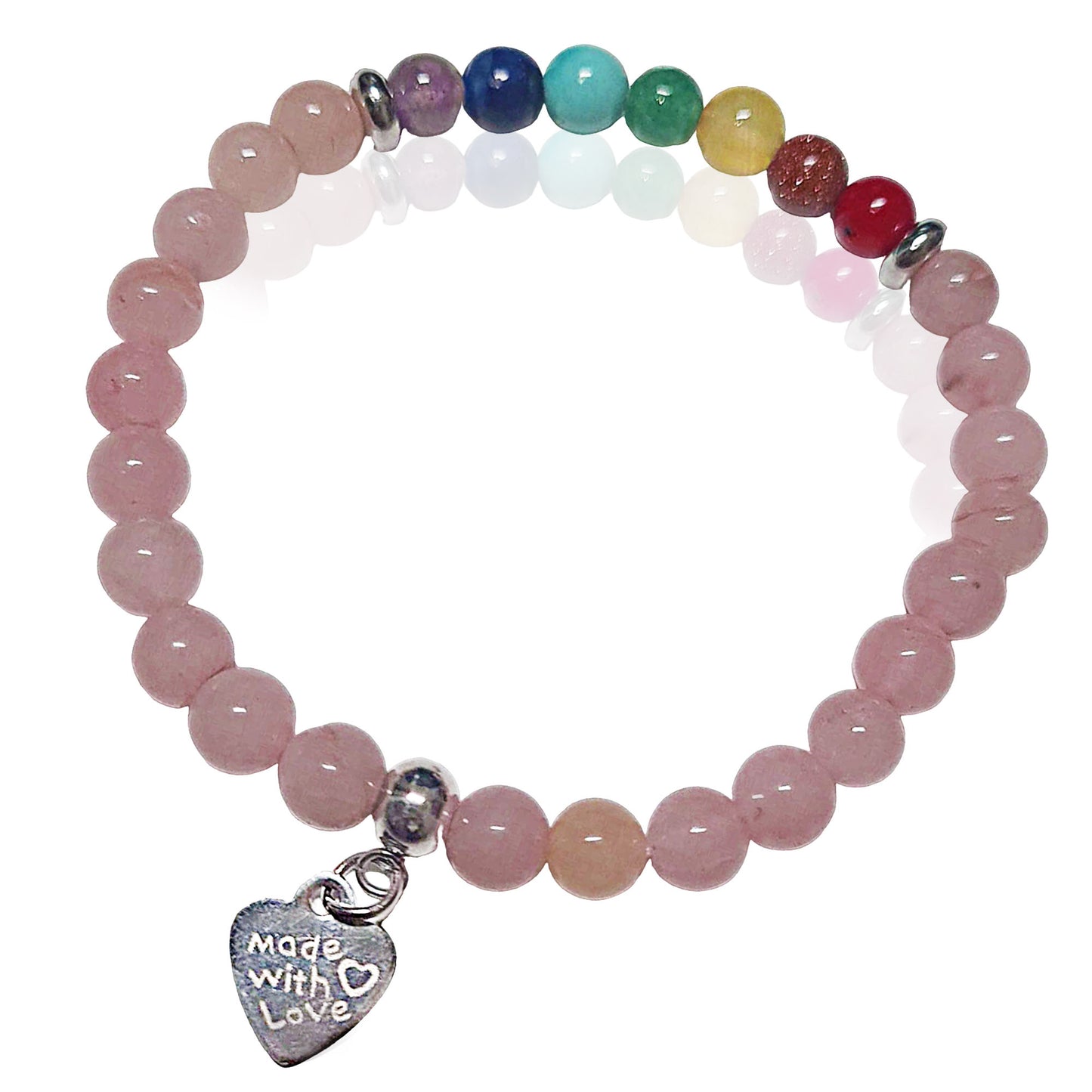 Pulsera Cuarzo Rosa Piedra Natural – Pulsera Elástica con Cuentas Piedra Natural – Pulsera 7 Chakras