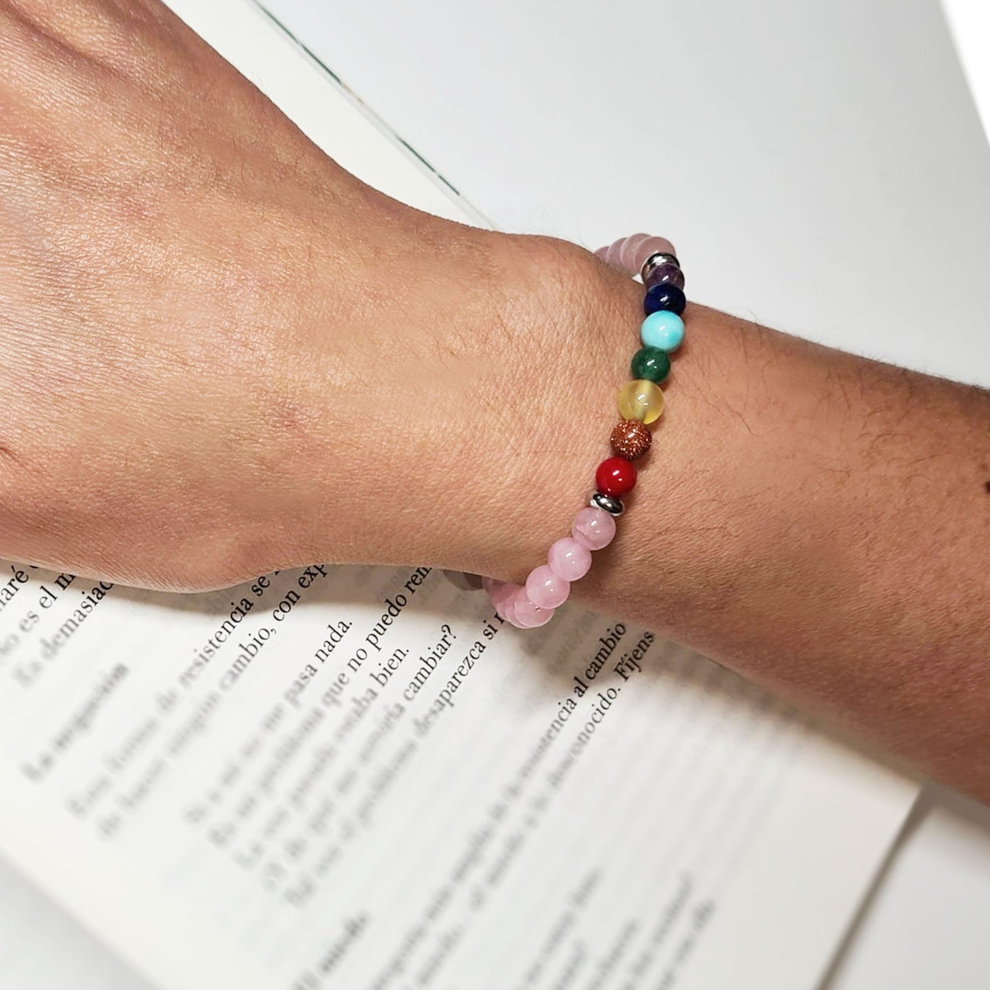 Pulsera Cuarzo Rosa Piedra Natural – Pulsera Elástica con Cuentas Piedra Natural – Pulsera 7 Chakras