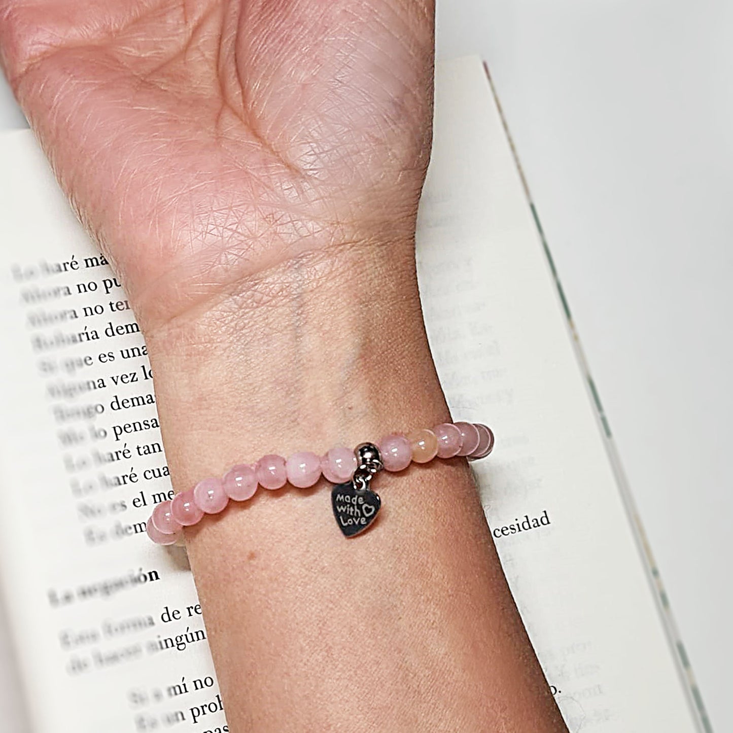 Pulsera Cuarzo Rosa Piedra Natural – Pulsera Elástica con Cuentas Piedra Natural – Pulsera 7 Chakras