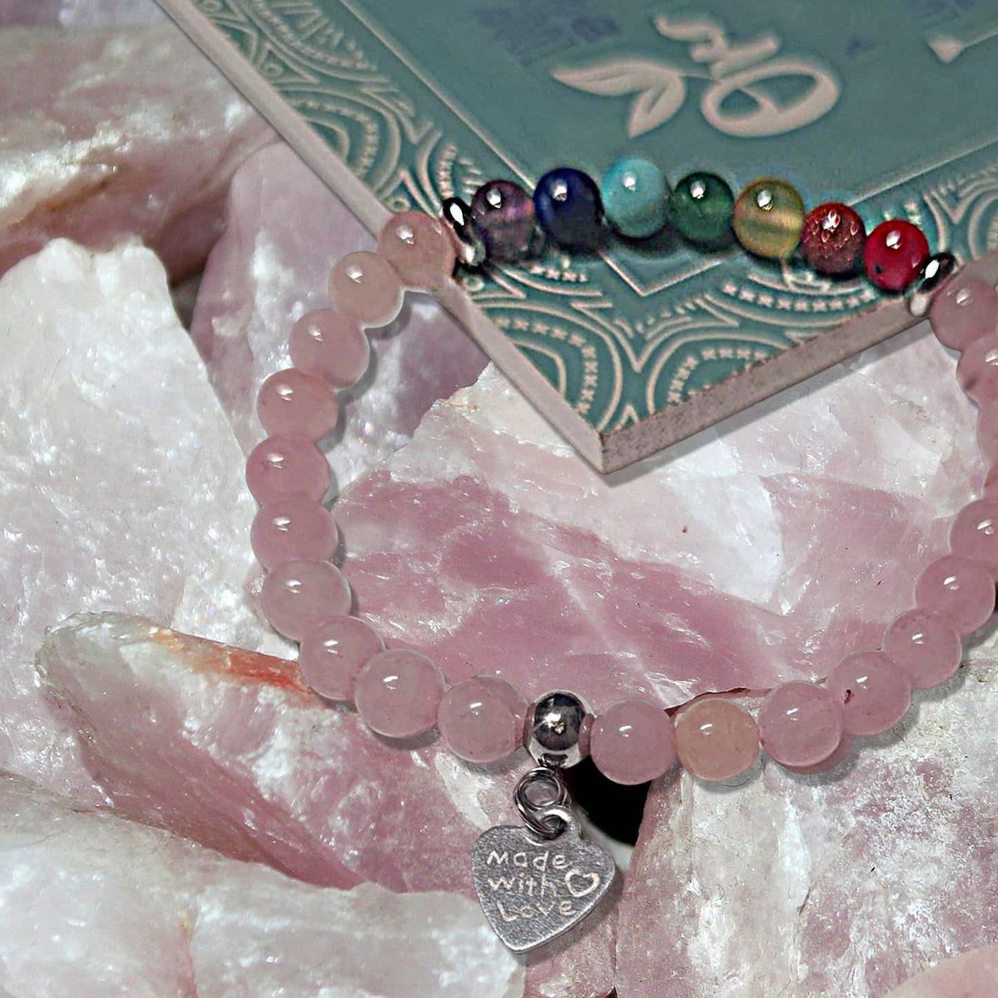 Pulsera Cuarzo Rosa Piedra Natural – Pulsera Elástica con Cuentas Piedra Natural – Pulsera 7 Chakras