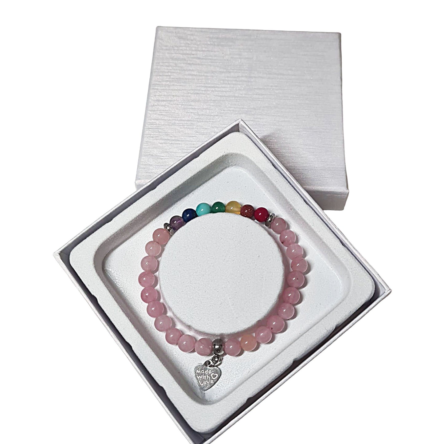 Pulsera Cuarzo Rosa Piedra Natural – Pulsera Elástica con Cuentas Piedra Natural – Pulsera 7 Chakras