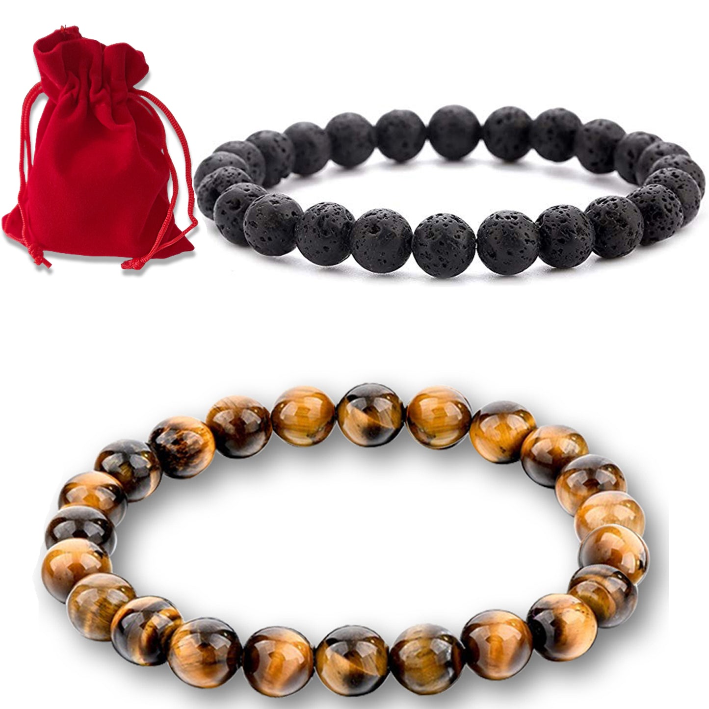 Pulsera Ojo de Tigre y Pulsera de Roca de Lava Volcánica – Equilibrio y Protección – Amuleto de Fuerza y Protección. Hombre y Mujer