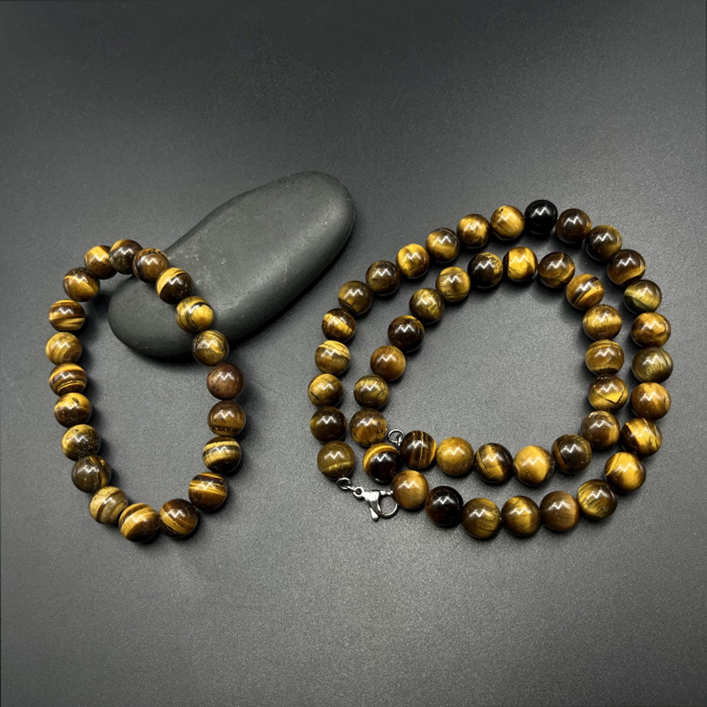 Collar Ojo de Tigre y Pulsera Ojo de Tigre 21 cm – Elaborados a Mano - Equilibrio y Protección – Amuleto de Fuerza y Protección. Hombre y Mujer