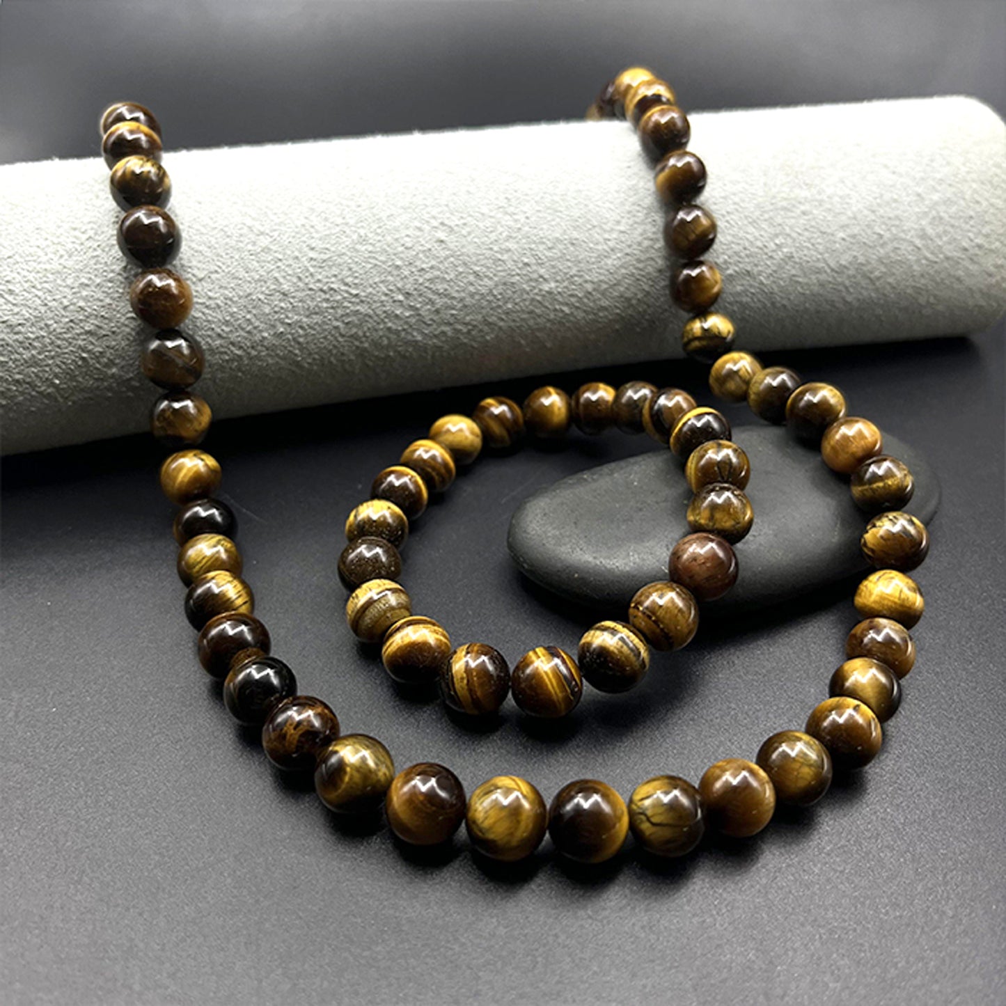 Collar Ojo de Tigre y Pulsera Ojo de Tigre 21 cm – Elaborados a Mano - Equilibrio y Protección – Amuleto de Fuerza y Protección. Hombre y Mujer