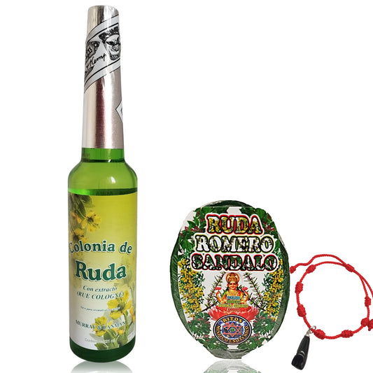 Colonia de Ruda  221 ml - Perú + Jabón Ruda Romero y Sándalo + Pulsera 7 Nudos Roja - Limpieza Protección y Aleja Energías Negativas