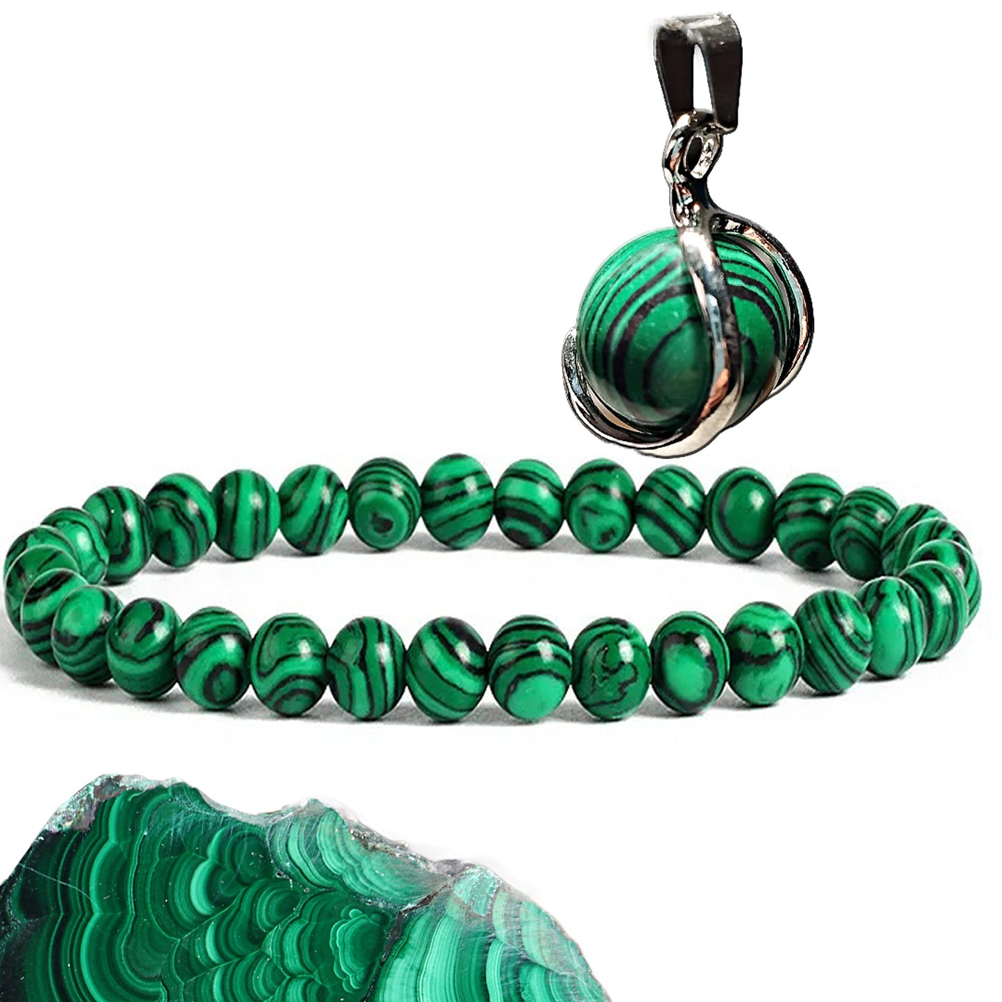 Pulsera de Malaquita + REGALO Colgante Malaquita - Armonía – Calma – Protección - Sanación. Amuleto de protección para Hombre y Mujer