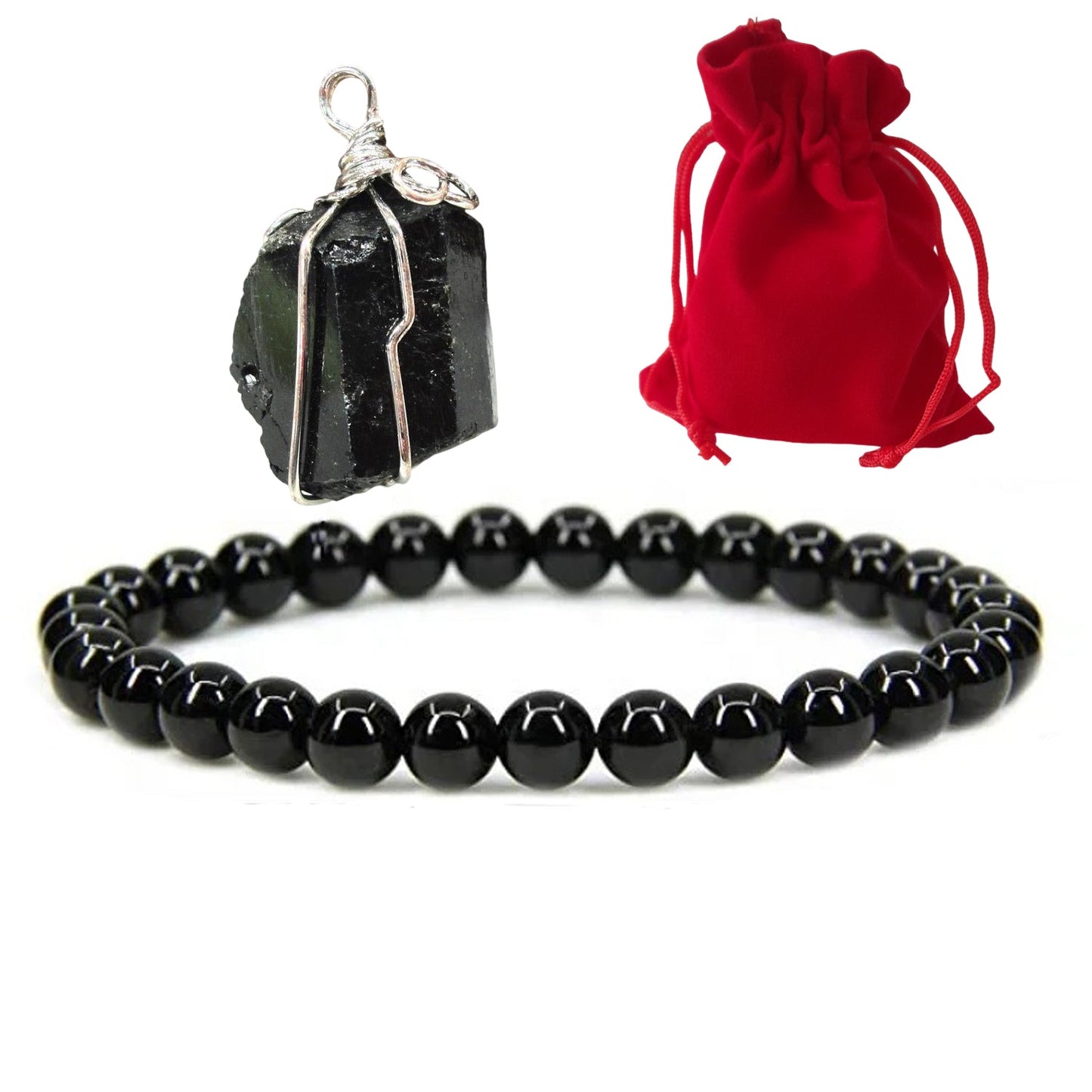 Pulsera Turmalina Negra Piedra Natural + Colgante Turmalina - Pack Protector de Energías Negativas