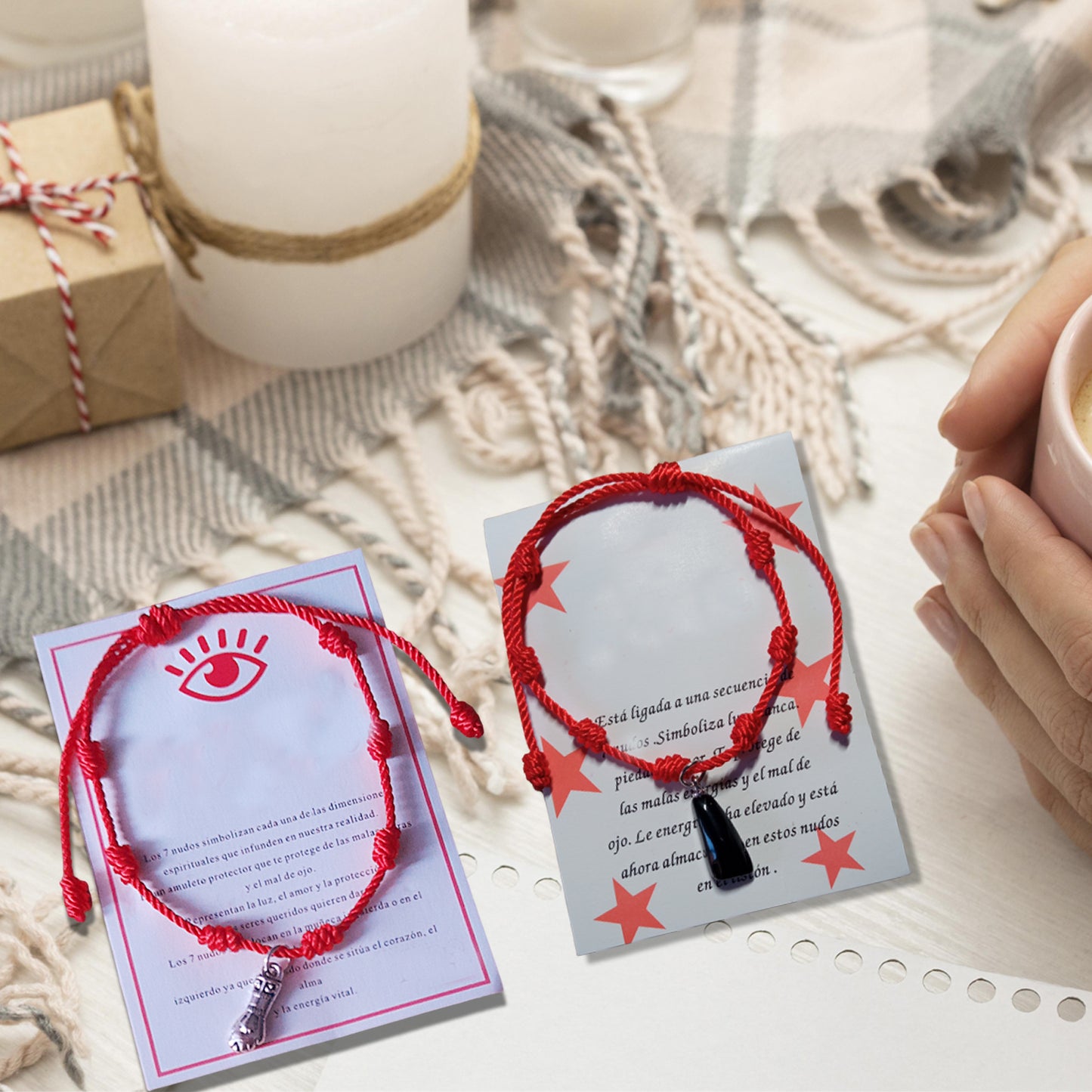 Pulseras 7 Nudos Roja Ajustable –  Pack 【4】Pulseras - Amuleto Puño Higa - Limpia, purifica y aleja energías negativas - Regalo Hombre - Mujer - Protección malas energías - Buena Suerte.